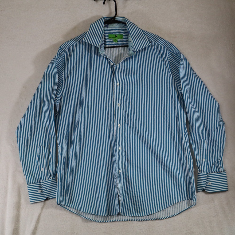 Bristol & Bull Mens Blue White Striped Button Down Shirt Paisley Trim Accent XL
